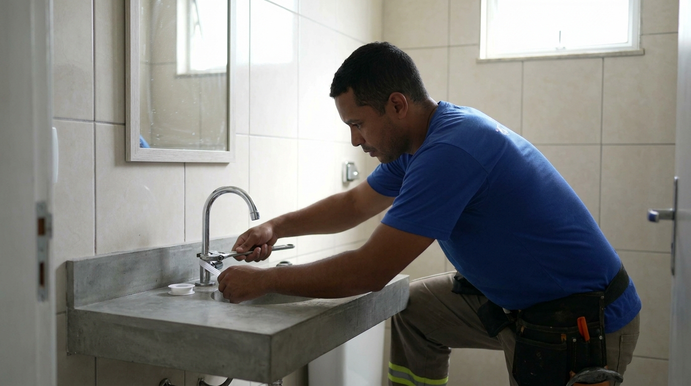 Encanador instalando torneira em Cascavel‑PR
