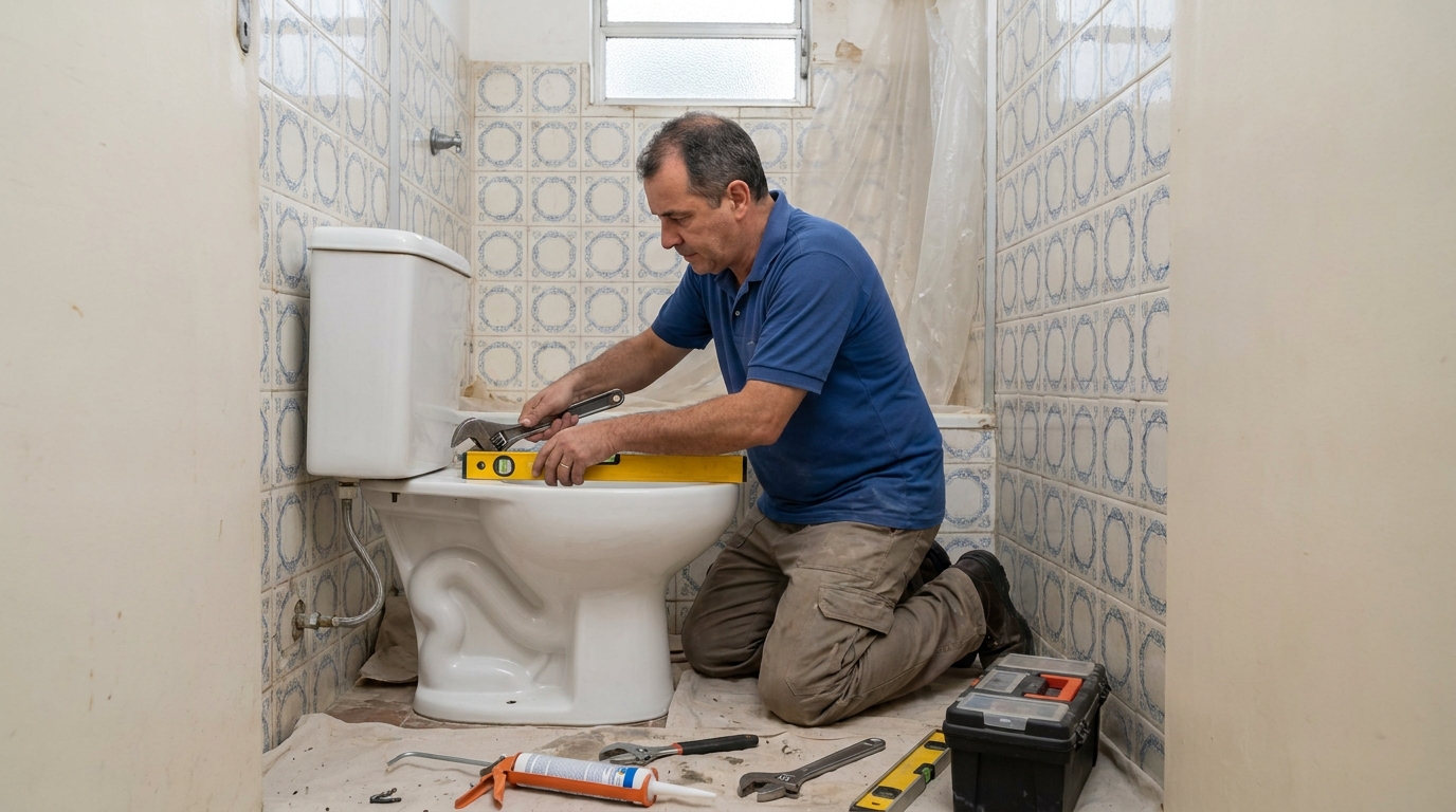 Técnico instalando vaso sanitário em Cascavel‑PR
